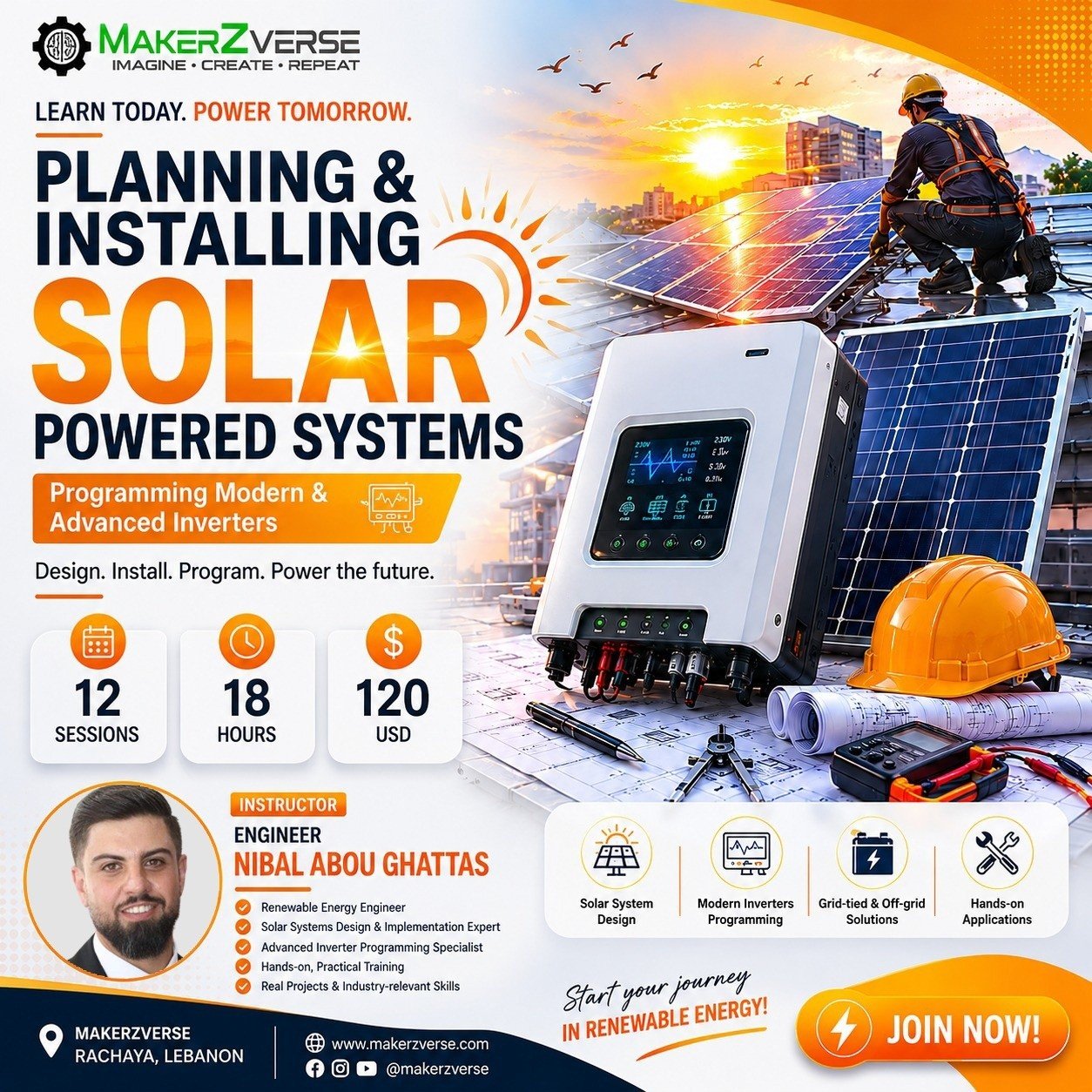 Makerzverse solar-system design and inverter-programming course poster
